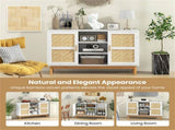 Natural & White Buffet Cabinet with Bamboo Woven Patterns, 3 Open Shelves & 2 Cabinets 12554102