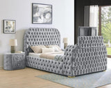 1pc Oval Faux Marble Top Nightstand 2- Drawers Storage Gray Finish Button Tufted Faux Crystal Tufted B011P266091
