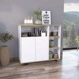 Paprika Kitchen Cart, Four Casters , Four Open Shelves, Double Door Cabinet -Light Oak / White B20092047