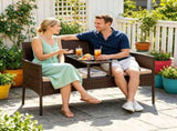 2-Seat PE Wicker Patio Loveseat Set, Outdoor Rattan Sofa with 2-Tier Tempered Glass Table, Thick 35376082