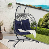 ZNTS Double Egg Chair with Stand Hanging Indoor Outdoor Wicker Rattan Patio Basket Egg Swing Chair W874P270573