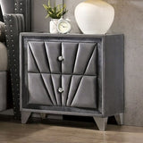 Fully Upholstered Frame 1pc Nightstand Gray Fabric Crystal-like Acrylic Knobs Glass Top Chrome Legs B011P321012