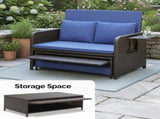Patio Rattan Daybed Set, 2-in-1 Wicker Loveseat Sofa with Multipurpose Ottoman & Retractable Side 24305570