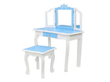 Children's Wooden Dressing Table Three-Sided Folding Mirror Dressing Table Chair Single Drawer Blue 02718254