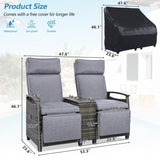 Patio Recliner Loveseat Chair, Adjustable Backrest Wicker Outdoor Lounge Chair Set with Acacia Wood 98839028