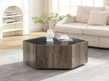 Hexagonal Rustic Retro Wood Coffee Table, with 2 Hidden Drawers, Textured Black Marble Tops, Light N770P309823L