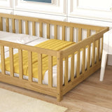 Twin Size Floor Bed with Fence and Door,Rubber Wood Floor Bed with Safety Guardrails,Natural 22789495