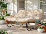 1339487cm 2-Seater Curved Wicker Loveseat with Magazine Pockets & Beige Cushion 66499349