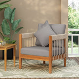 Acacia Wood Outdoor Club Chair with Handwoven Rope Accents & Curved Backrest - Water-Resistant Boho N767P265743G