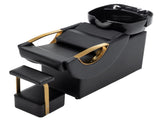 Large Shampoo Bowl & Chair Set with Footstool Black & Gold Barber Backwash Chair, Heavy Duty W1422P453659