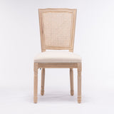 French Style Solid Wood Frame Linen Fabric Square Rattan Back Dining Chair,Set of 2,Cream W162290982