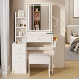 ZNTS Small Space Left Bedside Cabinet Vanity Table + Cushioned Stool, 2 AC+2 USB Power Station, Hair W936140170