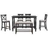 ZNTS 6-Piece Counter Height Dining Table Set Table with Shelf 4 Chairs and Bench for Dining Room 93672907