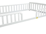 Twin Size Floor Fence Bed with Central Entrance,Pine Wood Floor bed with Guardrails,White W504P425956