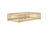 Twin Size Floor Bed with Fence and Door,Rubber Wood Floor Bed with Safety Guardrails,Natural 22789495