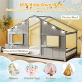 Twin-Size Kids House Gray Floor Bed- 82"x42"x51" Size, LED Light Strip for Cozy 32100376
