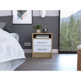 ZNTS White and Light Oak 2-Drawer 1-Shelf Rectangle Nightstand B06280358