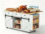 2 Barn Doors with Sliding Rails 3 Drawers 3 Shelves Serving Cart Rubberwood Countertop MDF Cabinet 28967447