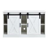 White decorative wooden TV / storage cabinet with two sliding barn doors, available for bedroom, 47276471