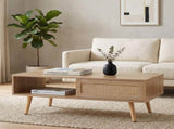 41.3 Inch Rattan Coffee Table Sliding Storage Door, Rectangle Wooden Accent Center Sofa Table 04362039