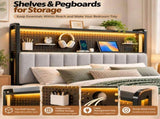 King Size Headboard with Pegboard Storage Shelf, Adjustable Upholstered Backrest, RGB LED Light 30670695