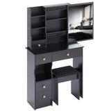 Small Size Left Drawer Desktop Vanity Table Cushioned Stool, Extra Large Sliding Mirror, Multi W936P202257