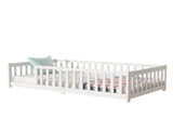 Twin Size Floor Bed with Fence without Door, Rubber Wood Floor Bed with Safety Guardrails,White W504P429335