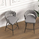 28" Bar Chair Linen Woven Bar Stool Set of 2,Black legs Barstools No Adjustable Kitchen Island 10838002