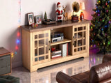 57.87 Inch TV Stand with Deep Brown Top & Natural Wood Cabinet - Double Glass Door Media Console, 81661813