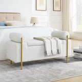 Elegant Upholstered Linen Storage Bench with Cylindrical Arms and Iron Legs for Hallway Living Room W487128010