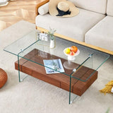 ZNTS 43.3 Inch Modern Two-Tier Coffee Table - Clear Tempered Glass and Dark Wood Grain, Multifunctional W1151P232626