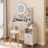 Round Mirror Bedside Cabinet Vanity Table Cushioned Stool, With 2 AC Power 2 USB socket, 17" W936P146695