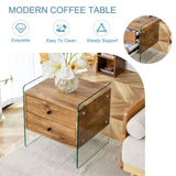 Double-drawer bedside table.The board surface is MDF with wood grain sticker, and both sides are W1512P348780