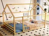 Full Size Floor Wooden Bed with House Roof Frame, Fence Guardrails,Natural W1858P389982