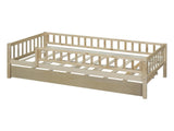 Twin Size Wood Daybed with Trundle and Fence Guardrails, Natural WF301862AAN