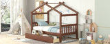 ZNTS Twin Size Wooden House Bed with Drawers, Walnut WF300799AAL