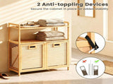 32 Inch Double Compartment Bamboo Laundry Organizer Freestanding Cabinet, Raised Guardrail Top Shelf 52897396