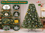 7FT Pre-Lit Artificial Christmas with Ornaments, 290 Warm White LED Lights, PVC Hinged Xmas 24394387