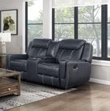 ZNTS Modern Blue Dual Reclining Loveseat with Center Console, Breathable Faux Leather Upholstery, USB B011P228163