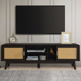 63'' Dark Rattan TV Stand with 2 Storage Cabinets for 65 Inch TV, Entertainment Center with Solid N710P182433B
