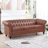 84.65"BROWN PU Rolled Arm Chesterfield Three Seater Sofa. W68035343