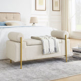 Elegant Upholstered Linen Storage Bench with Cylindrical Arms and Iron Legs for Hallway Living Room W487128011