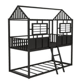 ZNTS Twin over Twin Size Metal Low Bunk Beds with Roof and Fence-shaped Guardrail, Black MF293553AAB