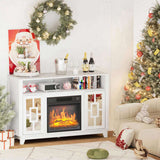 Modern White Embossed Fireplace Media Console, Twin Mirror Doors for 18" Fireplace Insert 70968355