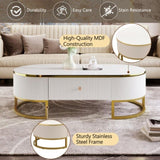 Modern Oval Coffee Table with Drawers,Curved Profile Design, Gold Metal Decor, Center Table for N735P192897K