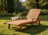 Reddish Brown 3-Position Reclining Outdoor Chaise Wooden Pool Lounge with Built-in Side Table & 28850754