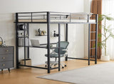 Twin Size Metal Loft Bed with Desk and Storage Shelves, 2 Built-in Ladders & Guardrails, Loft Bed 24084239