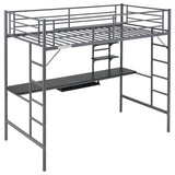 Twin Size Metal Bed with Desk and Storage Shelves, 2 Built-in Ladders & Full-Length Guardrails, 46259316