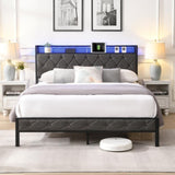 ZNTS Queen Bed Frame Storage Headboard, Charging Station and LED Lights, Upholstered Platform Bed 09464391