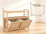 32 Inch Double Compartment Bamboo Laundry Organizer Freestanding Cabinet, Raised Guardrail Top Shelf 52897396
